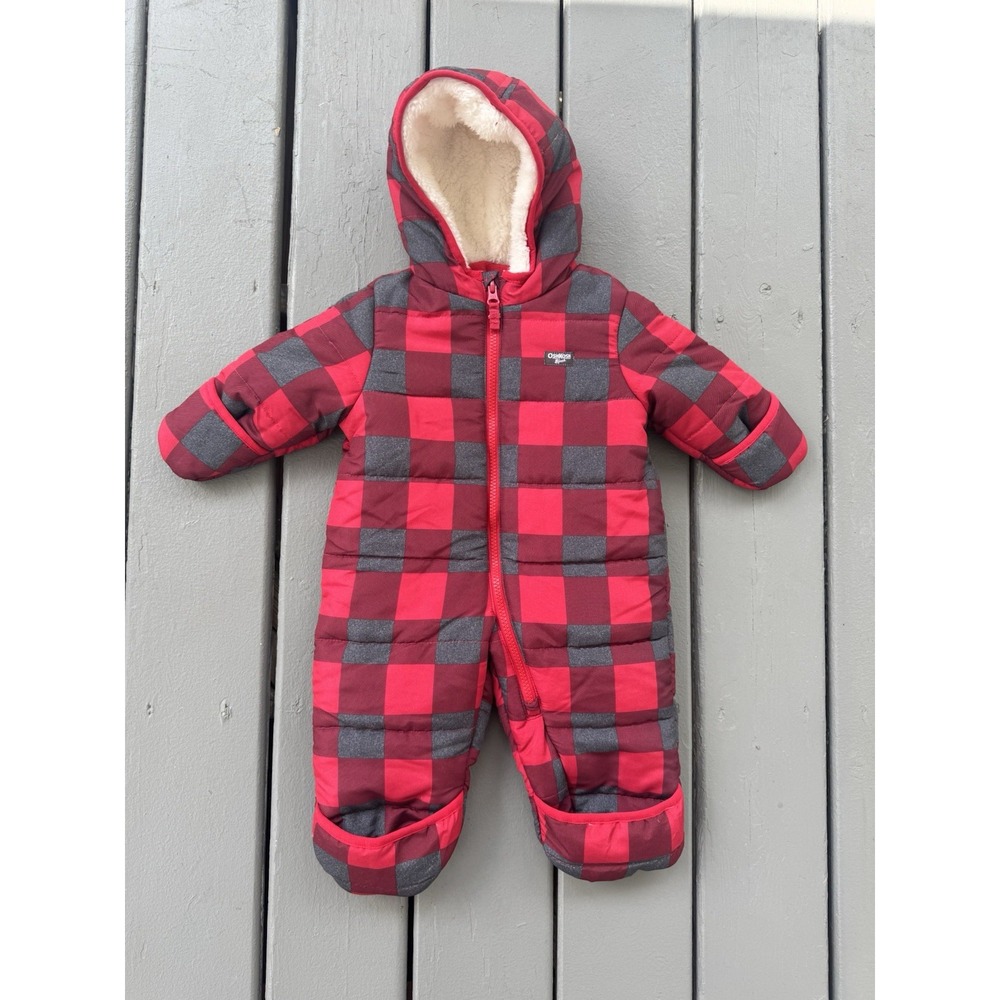 OshKosh B'gosh Baby Plaid Snowsuit Red & Gray 6M Thick Warm Full Coverage